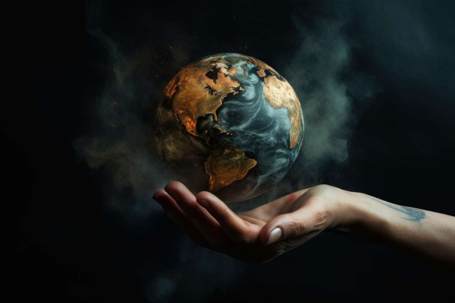 smoking globe floating on one hand