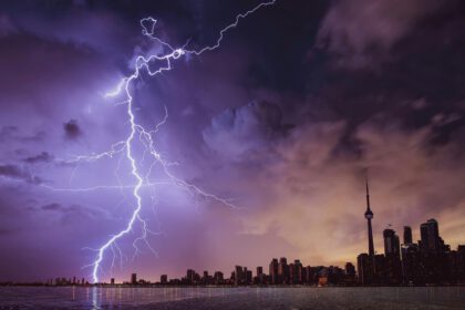 Lightning at night in a city.