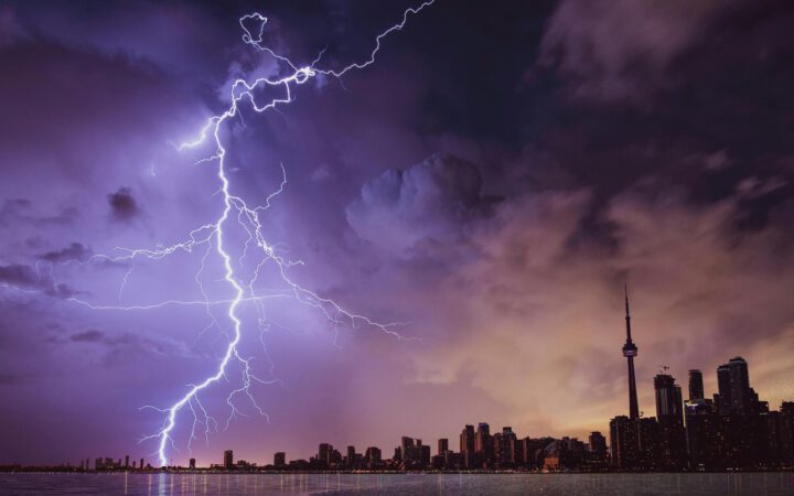 Lightning at night in a city.